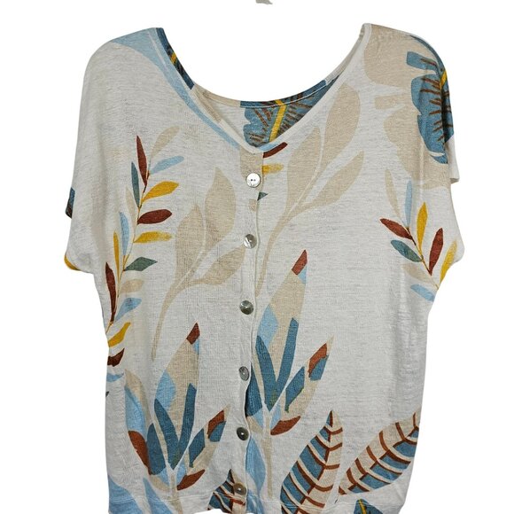 Cynthia Rowley Tops - Cynthia Rowley Womens M Ivory Blue/Yellow Botanical Short Sleeve Linen Top